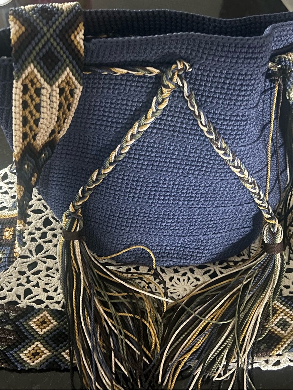 Handwoven Navy Blue Bucket Bag with Braided Tassels